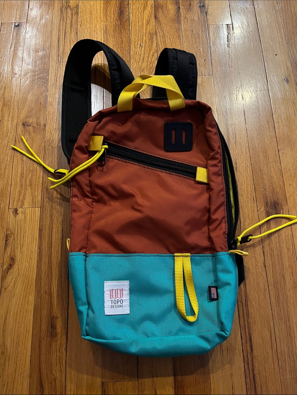 Topo Designs Mini Backpack in Rust, Teal & Yellow